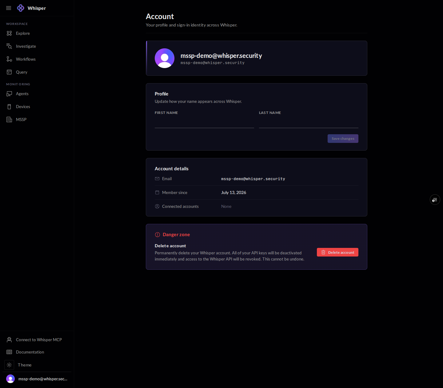 The Account page, shown with a demo account: a profile with name fields, account details (email, member since, connected accounts), and a delete-account danger zone.