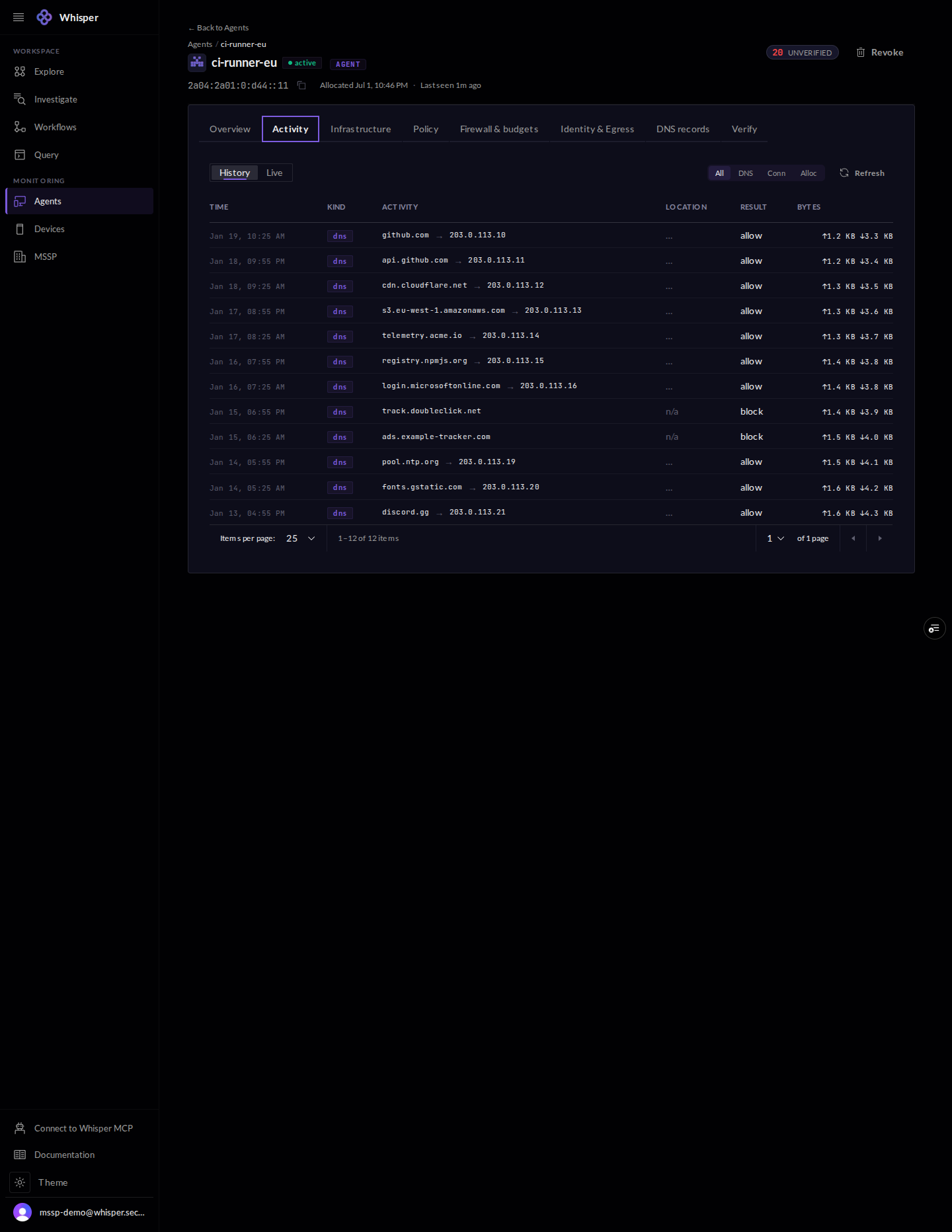 The Activity tab for an agent, shown with demo data: a history of DNS and connection events with timestamps, destinations, allow or block verdicts, and byte counts.
