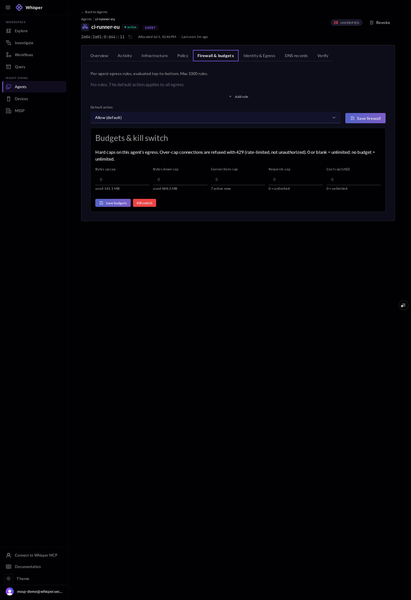 The Firewall and budgets tab for an agent, shown with demo data: per-agent egress rules, hard caps on bytes, connections, requests, and cost, and a kill switch.