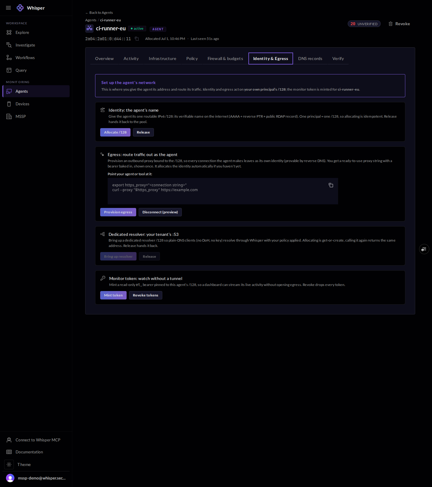 The Identity and Egress tab for an agent, shown with connection strings redacted: cards to allocate a /128, provision an egress proxy bound to it, bring up a dedicated resolver, and mint a read-only monitor token.
