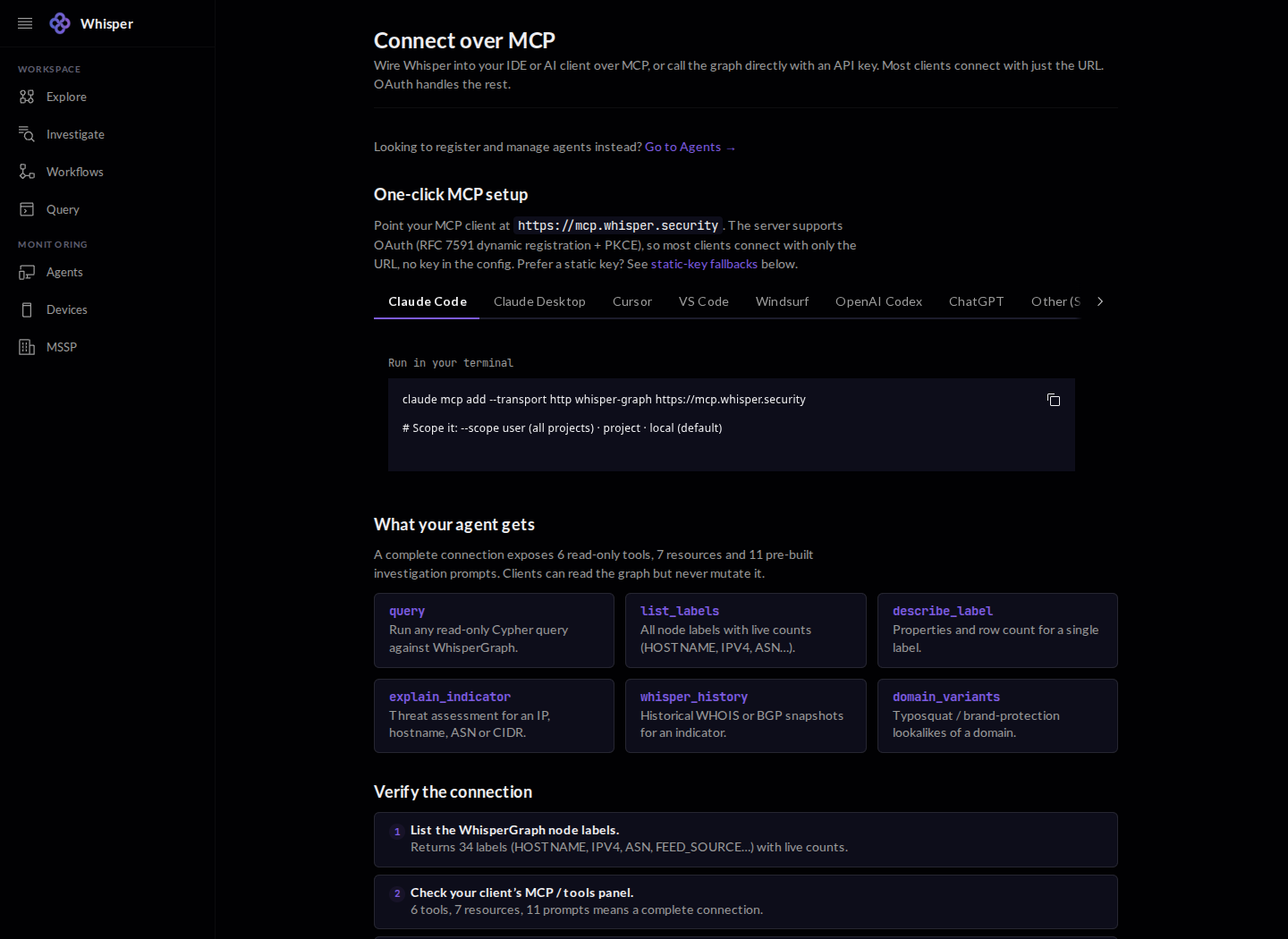The Connect over MCP page: point your MCP client at the Whisper MCP URL, with a per-client tab strip (Claude Code, Claude Desktop, Cursor, VS Code, Windsurf, OpenAI Codex) and the six read-only tools a connection exposes.