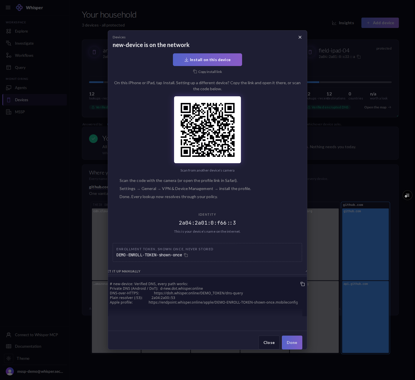 The manual setup panel, shown with demo tokens: the endpoints the profile automates, including a Private DNS host, a DoH URL, a resolver address, and the profile link.