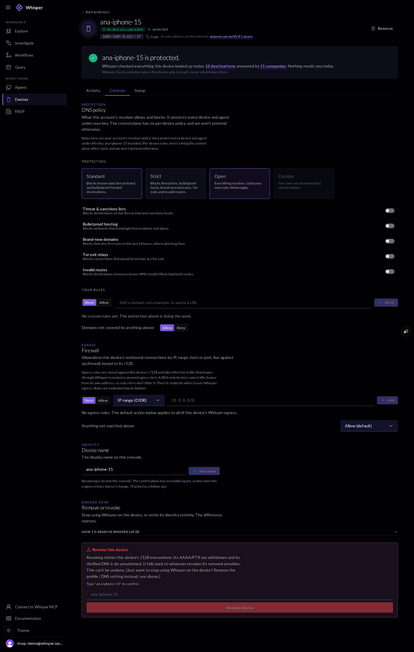 The Controls tab for a device: the account resolver policy (presets, toggles, and custom rules) and a per-device egress firewall, with a candid note that policy is account-wide today.