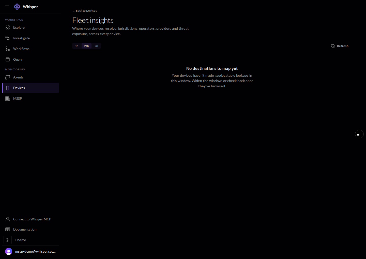 The Fleet insights view, empty: a note that no destinations have been mapped yet in the selected time window.