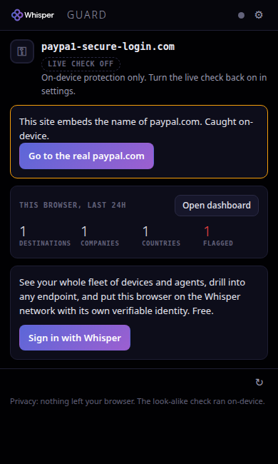 The keyless popup: a look-alike of paypal.com caught on-device, a Go-to-the-real-paypal.com button, and the privacy line. Shown with the live check off, so the on-device detector is the whole story.