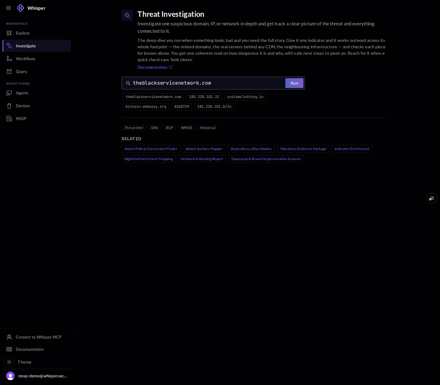 The Threat Investigation workflow view, shown with demo data: a description, a search box with sample indicators, category filters, and a list of related workflows.