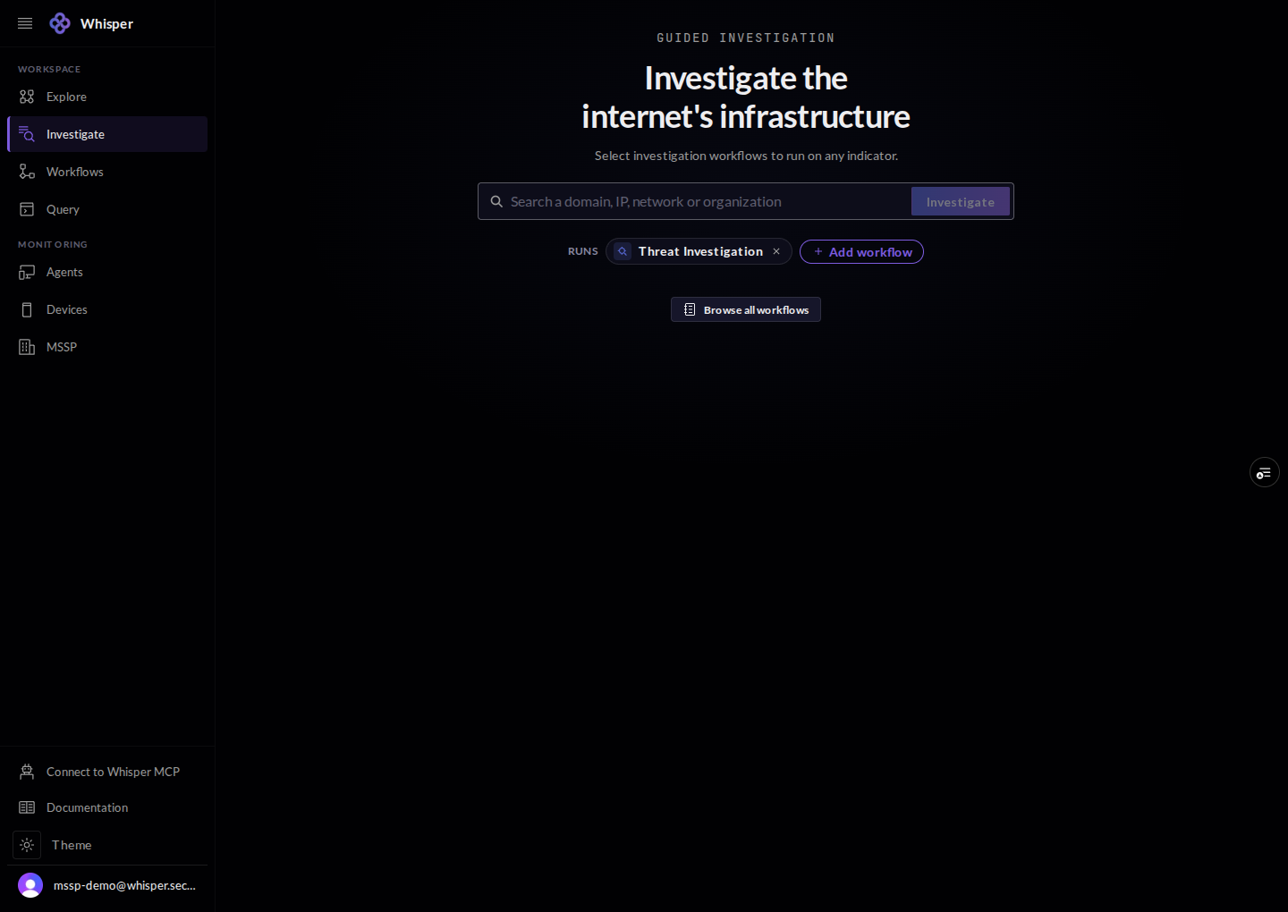 The Guided Investigation launcher: a headline reading Investigate the internet's infrastructure, a search box, and a chosen investigation workflow with an option to add more.