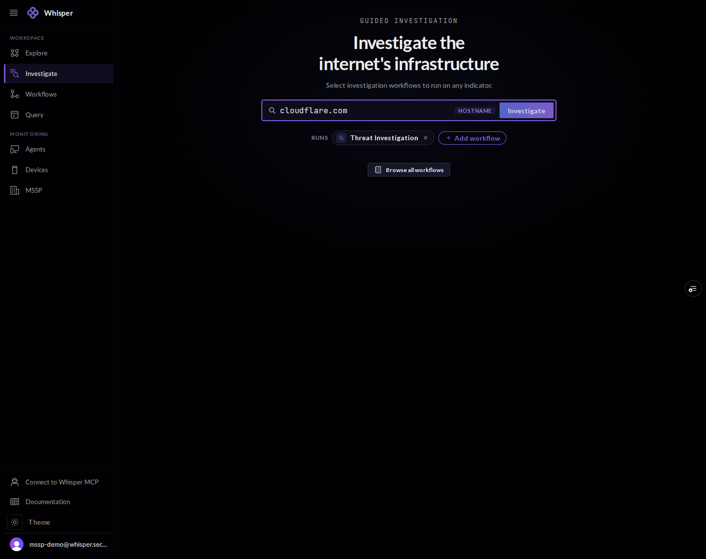 The investigation search box with a domain typed in and its type detected as a hostname.