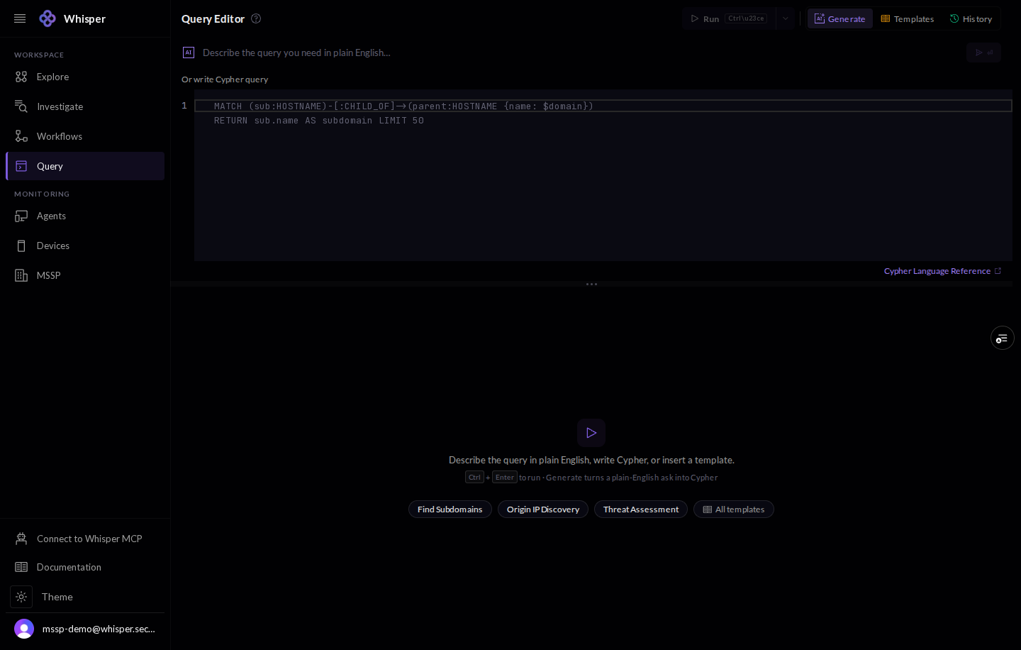 The Query Editor in the console: a plain-English box with a Generate button, a Cypher editor below it with an example query, a Run action, and Templates and History controls.