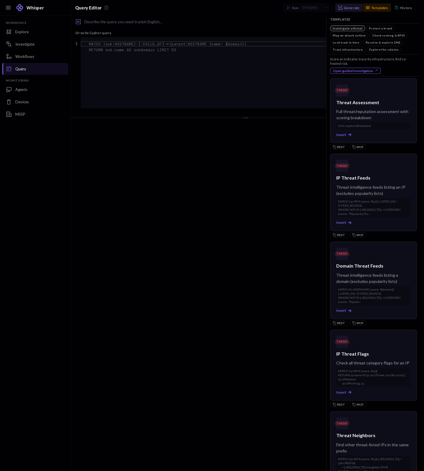 The Templates panel in the Query Editor, shown with demo data: a scrollable library of prebuilt queries grouped by goal, such as Threat Assessment, IP Threat Feeds, Domain Threat Feeds, and ASN Reputation, each with an Insert action.
