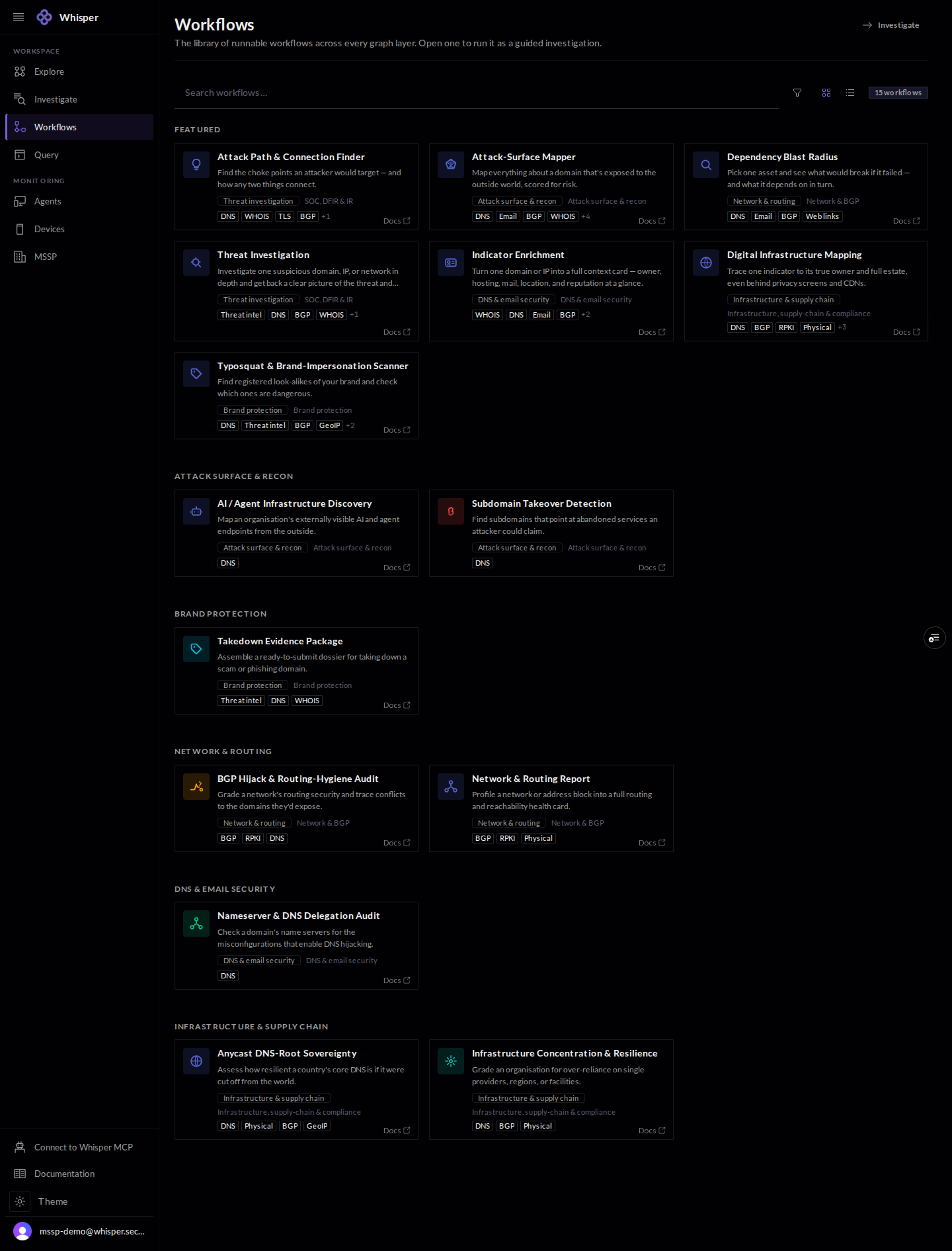 The Workflows library, shown with demo data: featured and categorized workflow cards such as Attack Path and Connection Finder, Attack-Surface Mapper, Threat Investigation, and Indicator Enrichment, each with layer tags and a docs link.